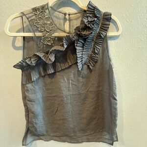 BCBG Gray Ruffled Blouse with Floral Detail